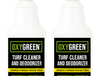 Two one-quart bottles of OxyGreen turf cleaner and odor eliminator for artificial grass and pet areas