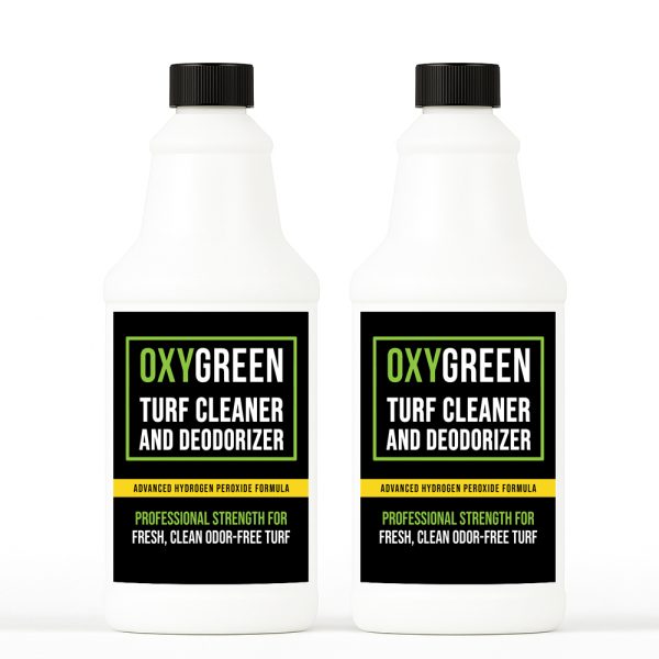 Two one-quart bottles of OxyGreen turf cleaner and odor eliminator for artificial grass and pet areas