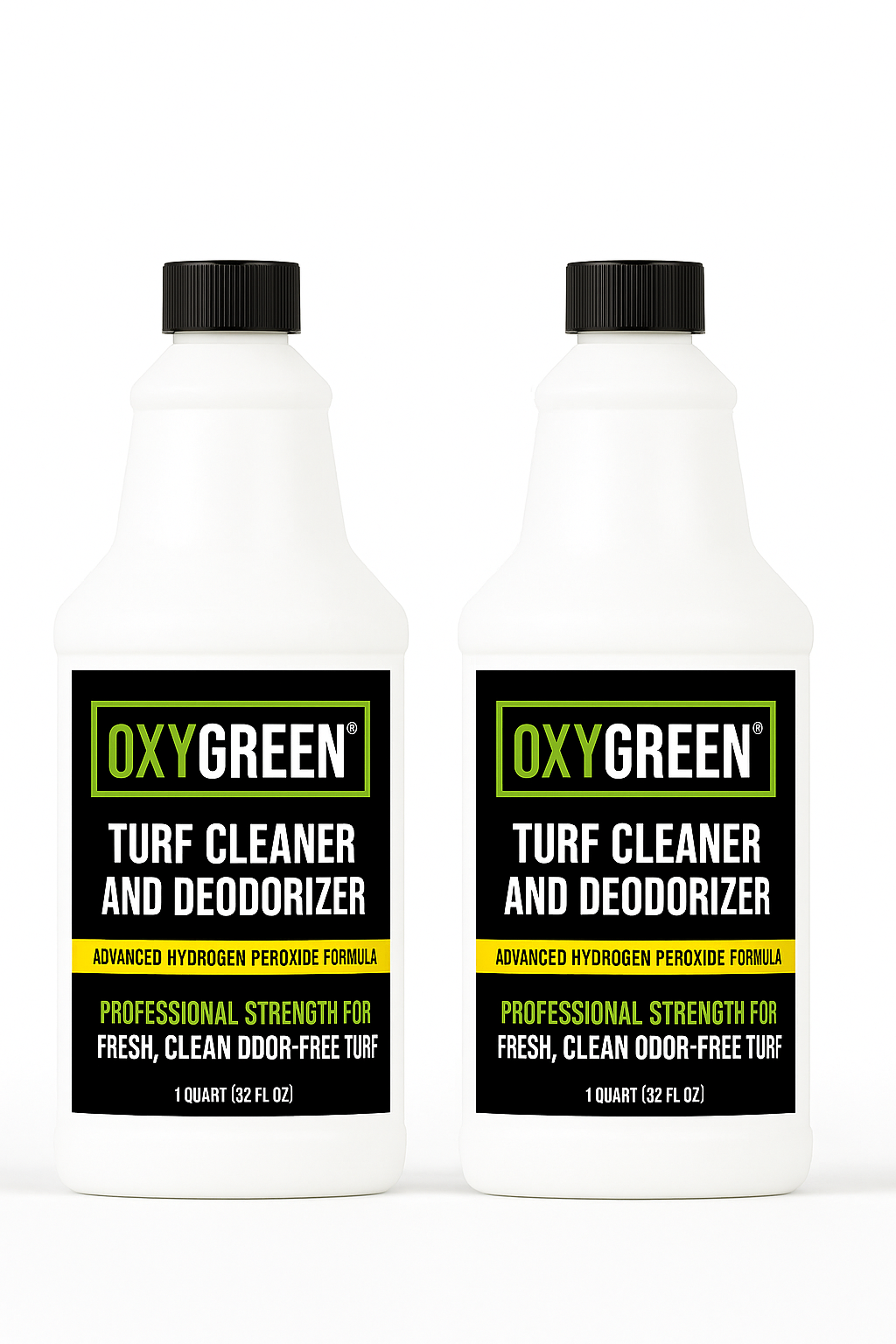 Two one-quart bottles of OxyGreen turf cleaner and odor eliminator for artificial grass and pet areas